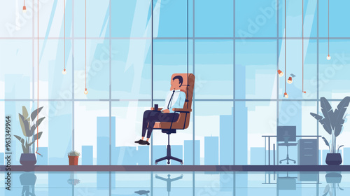 Tiny Applicant Climbing Giant Office Chair with Tightrope for Job Interview