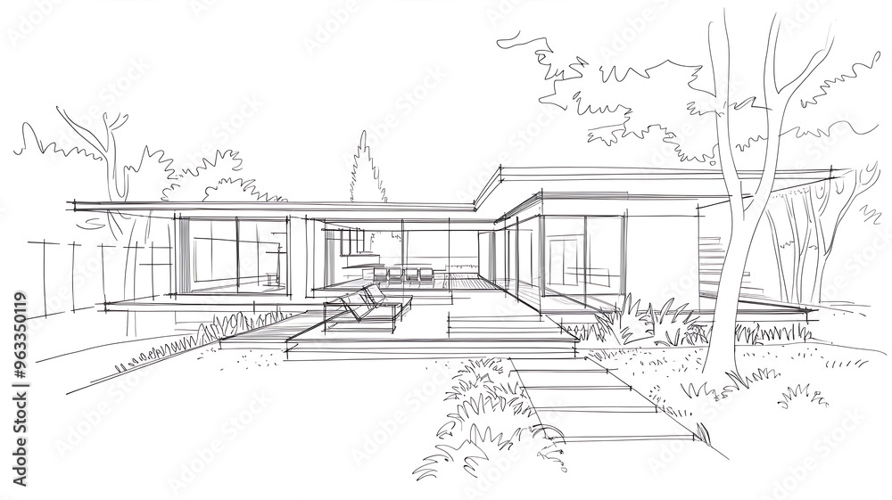 Contemporary architectural sketch with pencil and markers of a house facade, technical drawn background Contemporary architectural sketch with pencil and markers of a house facade, technical drawn background