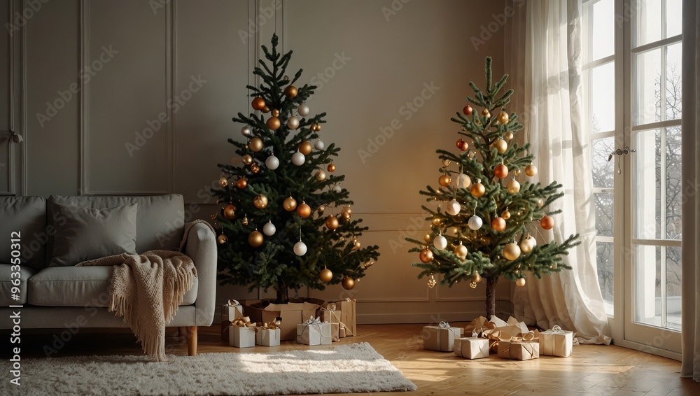 Stylish Christmas Scandinavian minimalistic interior Christmas tree with light and bauble in sunny living room Stylish Christmas Scandinavian minimalistic interior Christmas tree with light and bauble in sunny living room
