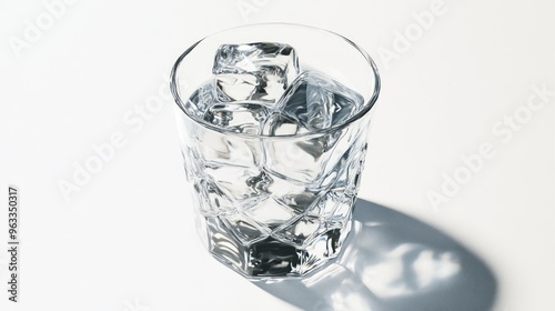 A Glass of Water with Ice Cubes on White Background