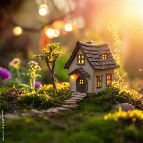 Tiny house in a fairy garden , warm sunset light , bokeh effect , fairy tale scene , miniature house model, moss covered ground , wildflowers, tiny tree, magical atmosphere