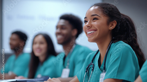 Medical students from different backgrounds happily engage with their professor during a lecture