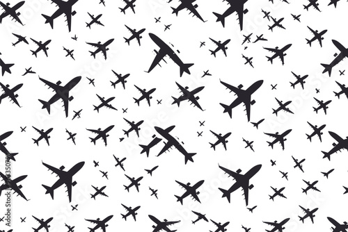 Seamless Pattern with Black Airplane Silhouettes Evenly Spaced on White Background, Suitable for Decor, Wallpaper, or Template