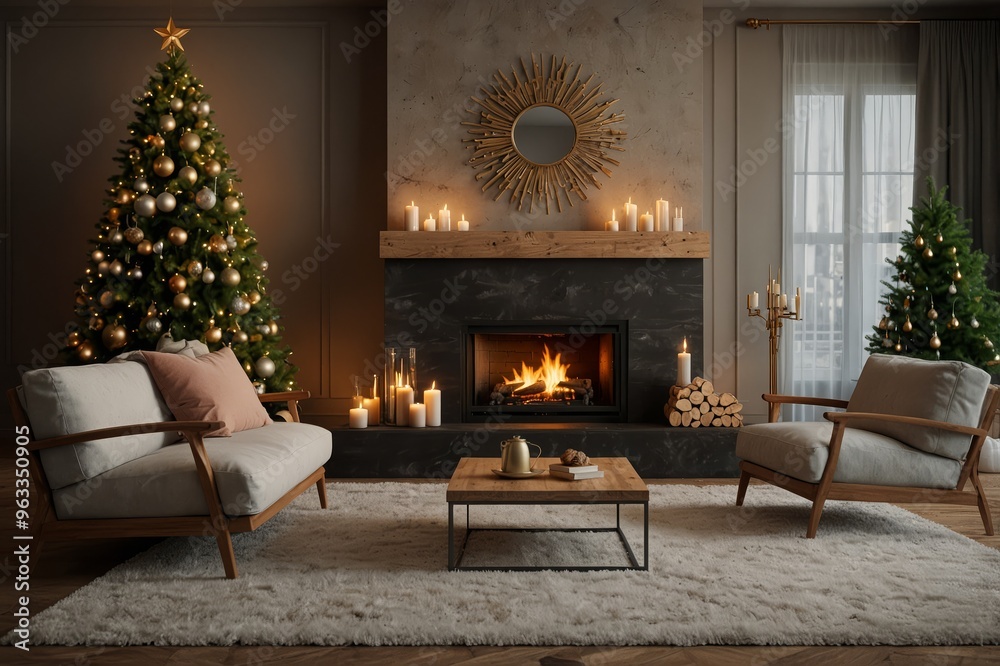 Stylish living room interior with beautiful fireplace, Christmas tree Stylish living room interior with beautiful fireplace, Christmas tree