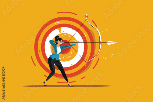 Successful Businesswoman Archer Hitting Bulls-Eye Target with Arrow, Achieving 2024 Financial Goals and Business Strategy