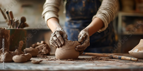 Focused Creator: A person carefully shaping a lump of clay on a workbench, with tools and finished pieces nearby. photo