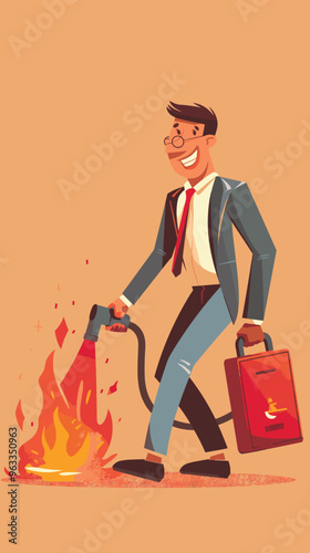 Tired Businessman Using Fire Extinguisher to Put Out Burning Briefcase - Psychotherapy Concept Vector