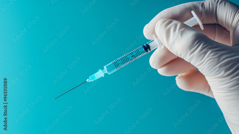 Physician in latex gloves holds a syringe filled with vaccine against a blue backdrop Physician in latex gloves holds a syringe filled with vaccine against a blue backdrop