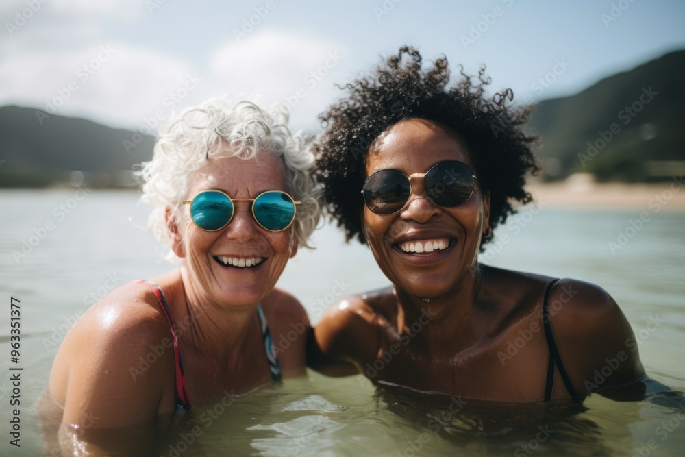 Portrait of diverse senior women swimming in lake Portrait of diverse senior women swimming in lake