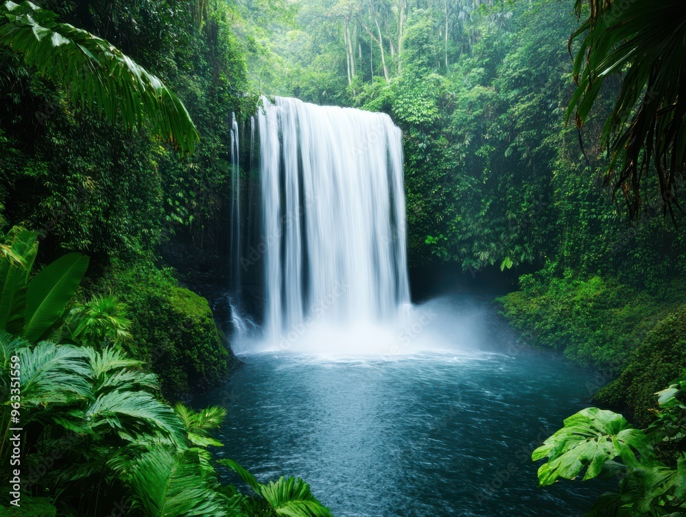 Stunning waterfall cascades into a tranquil pool surrounded by lush greenery, evoking serenity and natural beauty. Stunning waterfall cascades into a tranquil pool surrounded by lush greenery, evoking serenity and natural beauty.