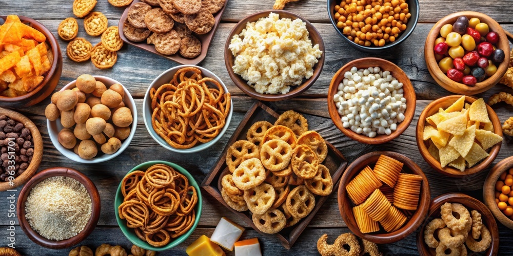 Top view of a variety of delicious snacks including chips, pretzels, popcorn, and nuts Top view of a variety of delicious snacks including chips, pretzels, popcorn, and nuts