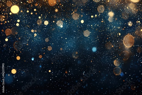 An abstract banner features glittering lights in blue, gold, and black.