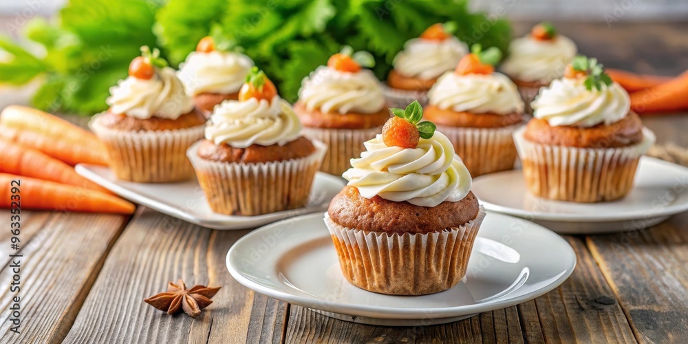 A delicious carrot cake cupcake in the foreground with a platter of cupcakes in the background, perfect for bakery or dessert themes A delicious carrot cake cupcake in the foreground with a platter of cupcakes in the background, perfect for bakery or dessert themes
