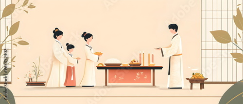 a family conducting a Charye ancestral ritual, bowing in front of an altar, featuring offerings like rice, fruit, and candles. Muted pastel palette with serene atmosphere photo