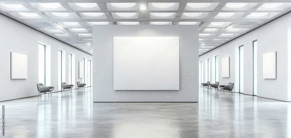 An empty large white poster mockup in a gallery with a white wall, featuring a blank white frame and spotlight, ideal for banner design An empty large white poster mockup in a gallery with a white wall, featuring a blank white frame and spotlight, ideal for banner design