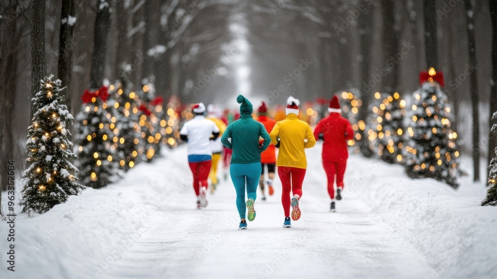 Colorful runners in festive outfits dash through a snowy path adorned with Christmas trees and twinkling lights.