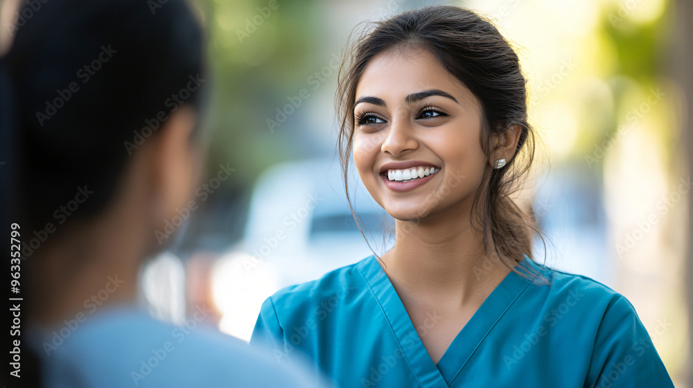 Young female nurse is smiling while talking with a colleague outdoors in their scrubs Young female nurse is smiling while talking with a colleague outdoors in their scrubs
