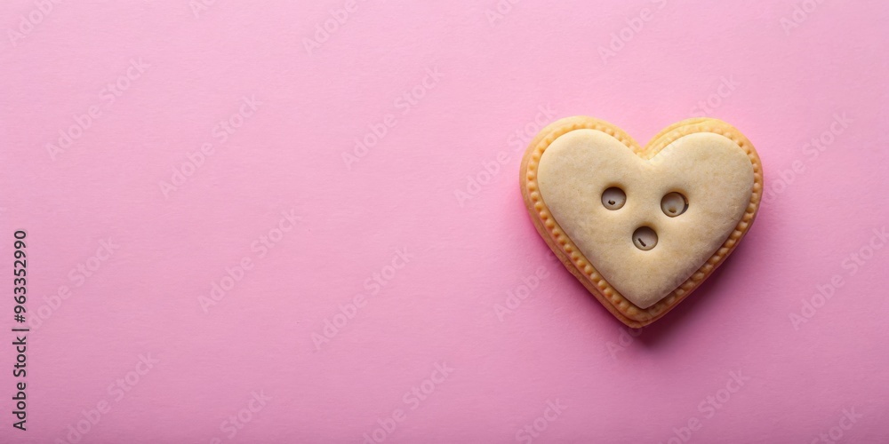 Heart-shaped cookie with button design on light pink background Heart-shaped cookie with button design on light pink background