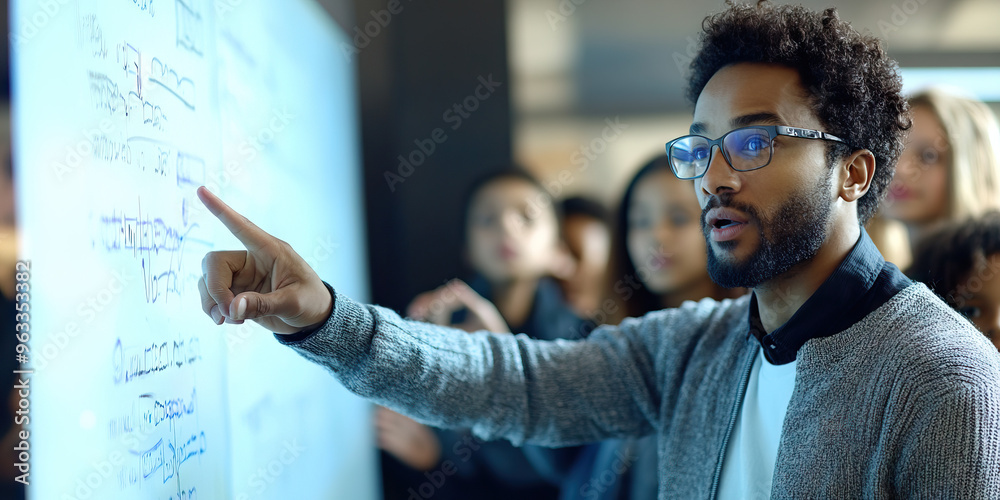 Enthusiastic Teacher: A person standing in front of an interactive whiteboard, gesturing animatedly while explaining a concept to a group of students. Enthusiastic Teacher: A person standing in front of an interactive whiteboard, gesturing animatedly while explaining a concept to a group of students.