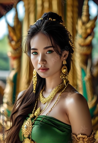 A stunningly beautiful queen in a golden temple, radiating allure and charm, captivating and intriguing with an air of mystery.