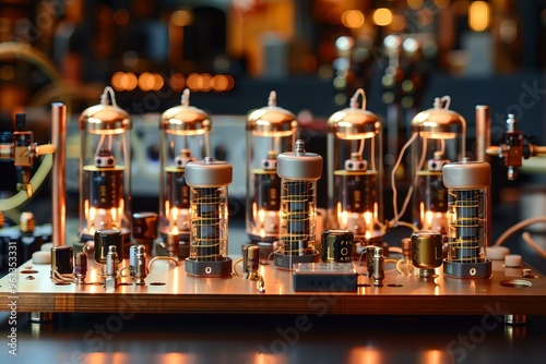 Close up of glowing electronic vacuum tubes on a copper amplifier board