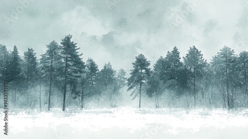 Snowstorm approaching, barren winter forest, overcast sky, Watercolor style photo