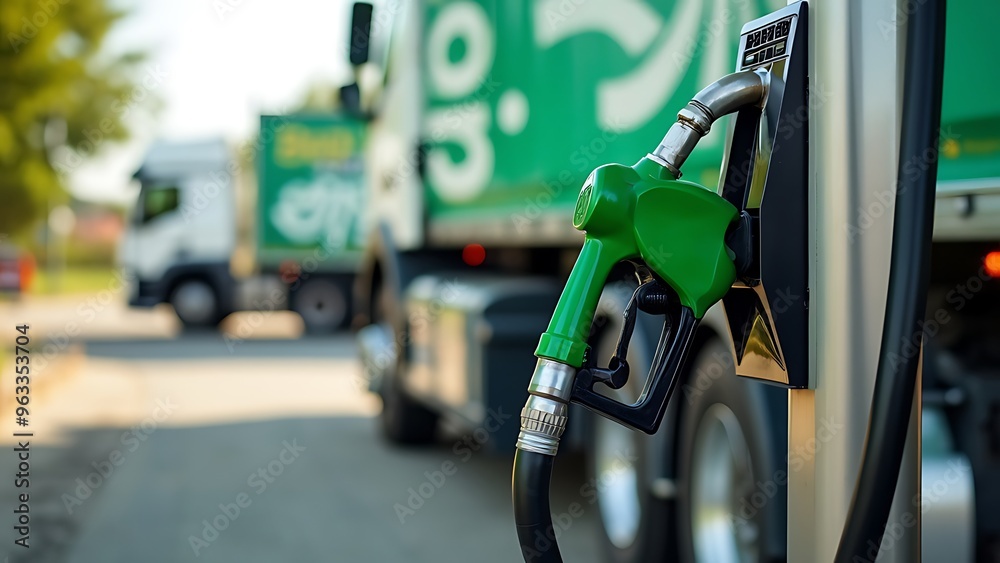 Biofuel filling station with trucks in the background Biofuel filling station with trucks in the background