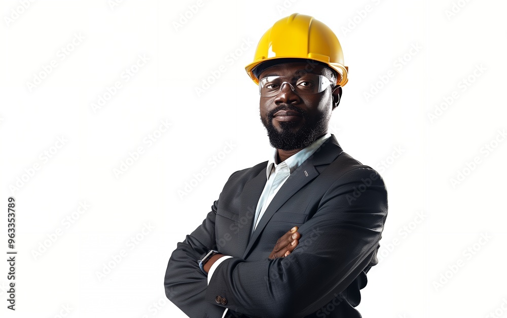 A confident black man in a suit and yellow hard hat looks directly at the camera with his arms crossed.