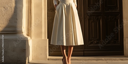 Woman wearing a white midi skirt and heels, standing in front of a wooden door.