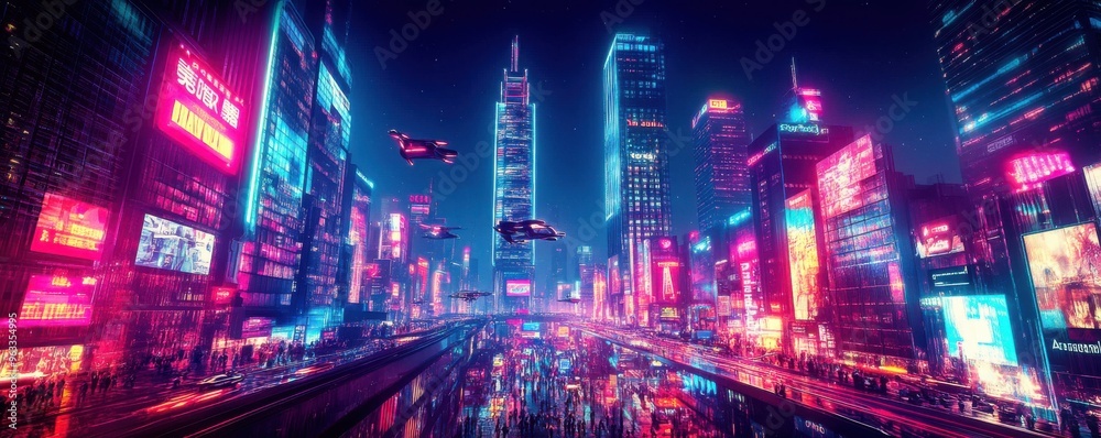 Obraz premium A vibrant, futuristic cityscape at night, illuminated by neon lights reflecting in the water, showcasing advanced technology and design.