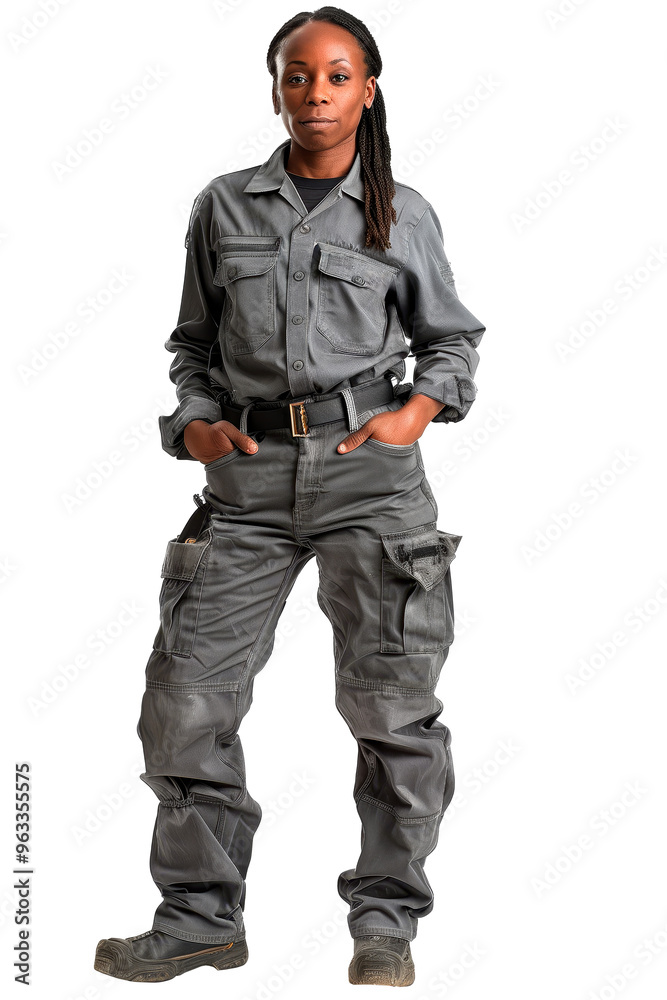 Portrait of a woman of African-American appearance isolated on a white or transparent background. Portrait of a young woman mechanic in dirty work clothes, Car repair and maintenance concept. Portrait of a woman of African-American appearance isolated on a white or transparent background. Portrait of a young woman mechanic in dirty work clothes, Car repair and maintenance concept.