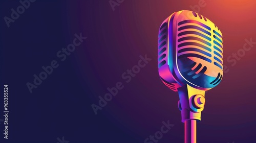Retro Microphone with Neon Lights on Dark Background