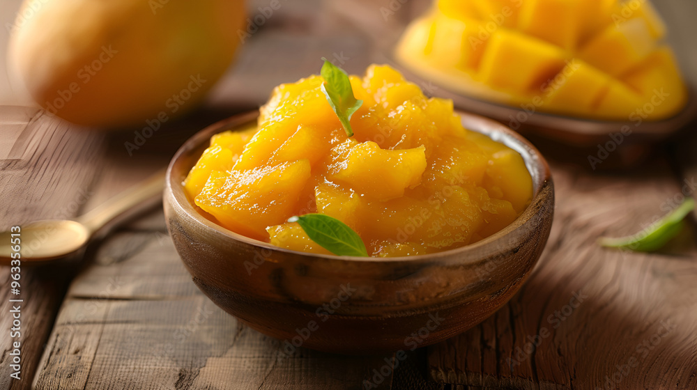 Selective focus copy space of Alphonso mango pulp, also known as hapus aam ras or amba ras in Marathi Selective focus copy space of Alphonso mango pulp, also known as hapus aam ras or amba ras in Marathi
