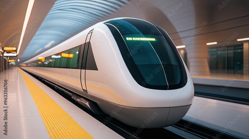 Obraz premium Futuristic train at a modern railway station, showcasing sleek design and advanced technology in urban transportation.