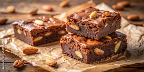 Close up of chocolate brownies with almonds and sweets on craft paper