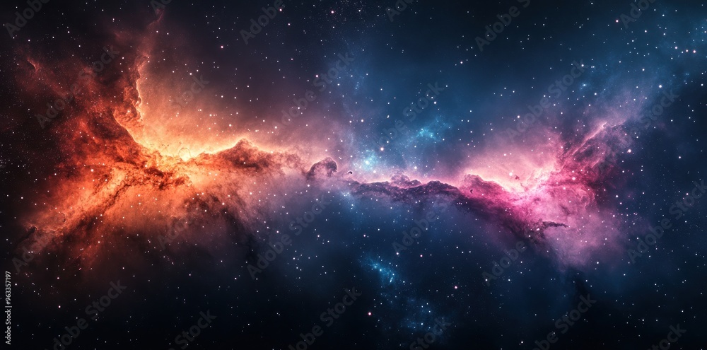 Naklejka premium Cosmic Nebula with Vibrant Colors and Scattered Stars