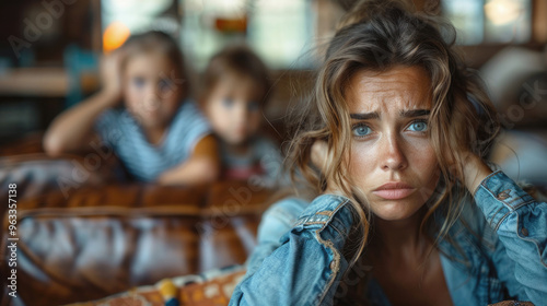 Wallpaper Mural Stressed and tired mother with children playing in the room in the background. Difficulties of parenting. Torontodigital.ca