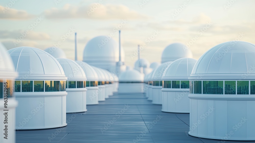 Fototapeta premium Futuristic white domes with glass windows reflecting clouds and blue sky, representing advanced technology and innovation.