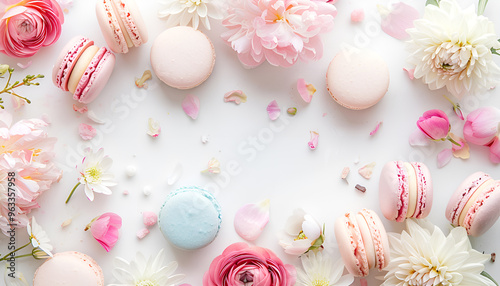 Makeup cosmetic with macaroons and beautiful flowers on white background