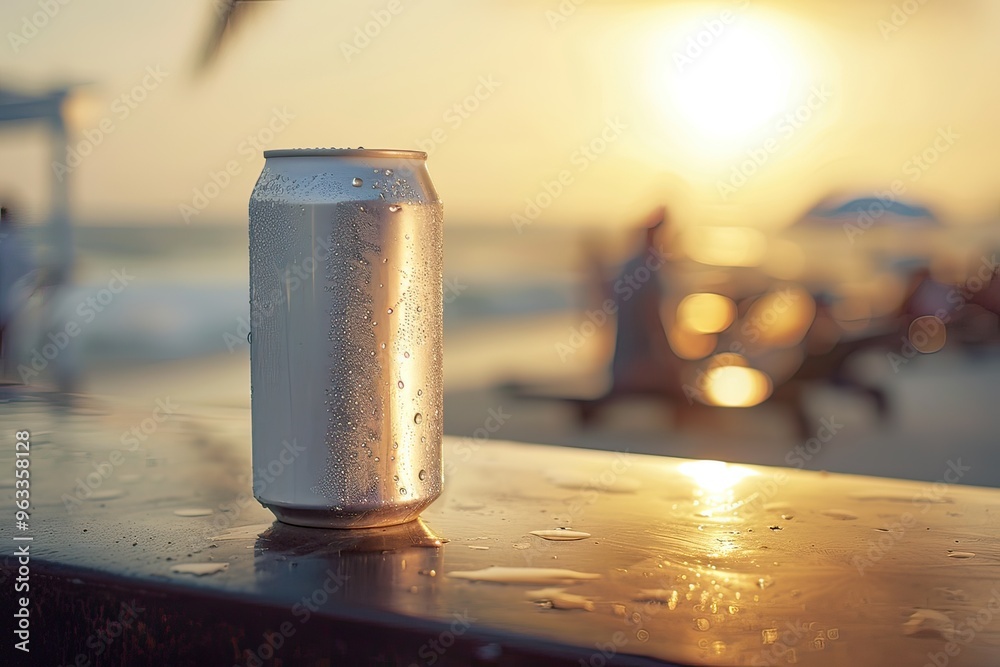 Aluminum can with a drink, stands on the background of the beach and the sea. Mockup of a can with soda, beer, drink Aluminum can with a drink, stands on the background of the beach and the sea. Mockup of a can with soda, beer, drink
