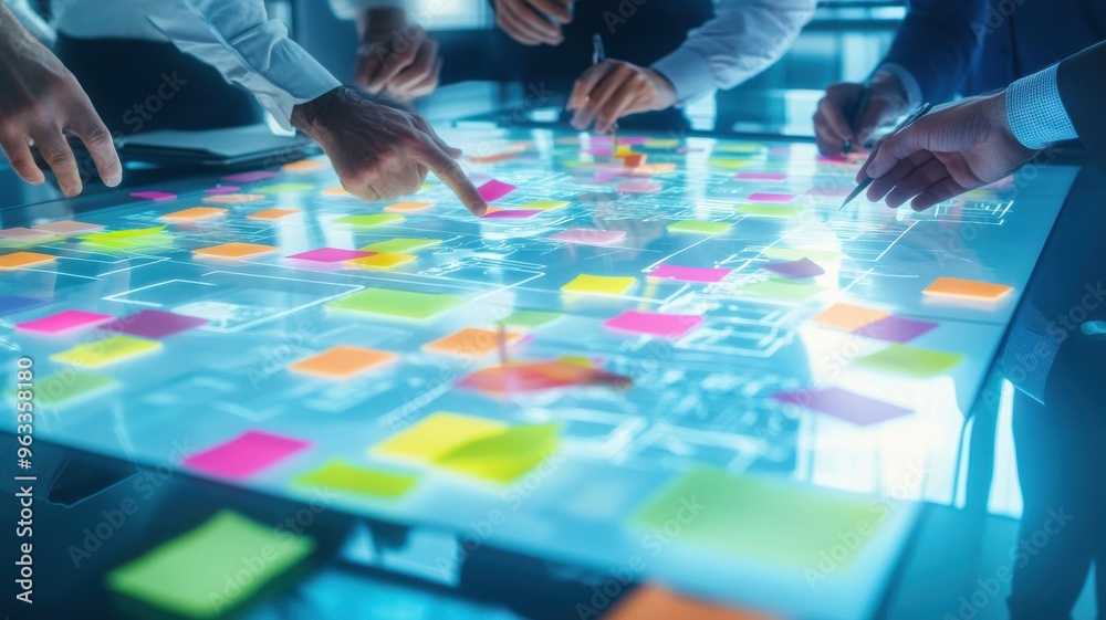 Team collaboration using sticky notes on a glass board for brainstorming and planning in a modern workspace. Team collaboration using sticky notes on a glass board for brainstorming and planning in a modern workspace.
