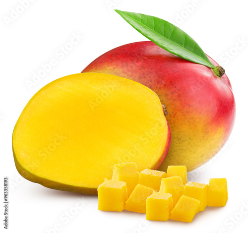 Mango with leaves isolated on white background. Mango with clipping path