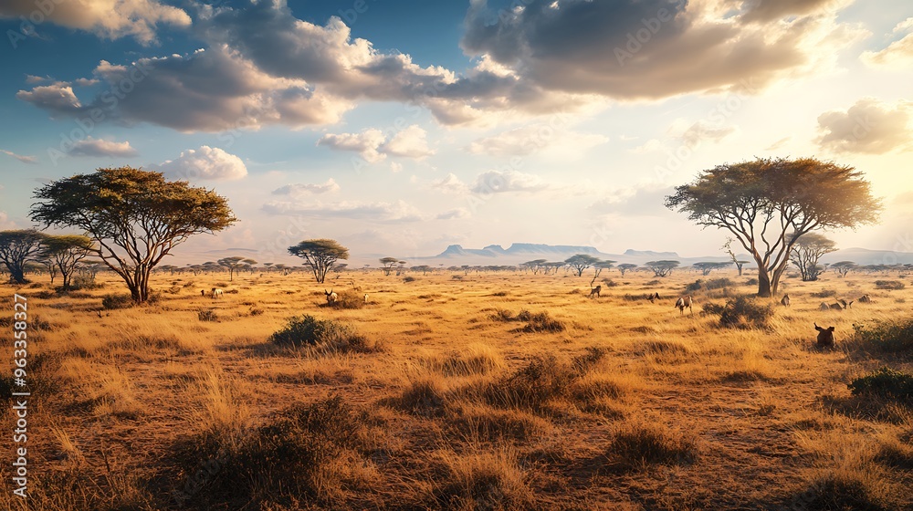 Obraz premium Fading wildlife habitats in a dry savanna, reflecting loss of biodiversity with open background space for copy.