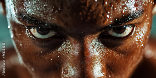 Athlete's Strength: A close-up of a determined athlete's focused face, with sweat dripping down their forehead as they train. photo