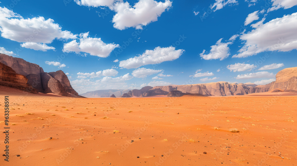 Fototapeta premium A desert landscape with a clear blue sky and clouds. The sky is filled with clouds, and the sun is shining brightly. The landscape is vast and empty, with no signs of life