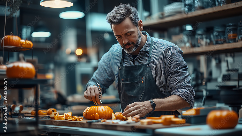 Man carving a small pumpkin in a creative workshop for autumn decorations Man carving a small pumpkin in a creative workshop for autumn decorations