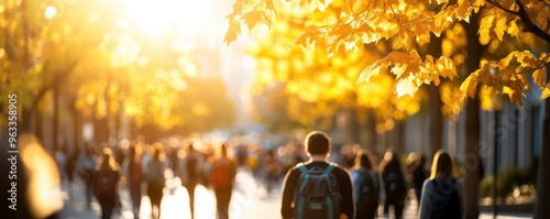 A vibrant autumn scene with people walking on a sunlit path surrounded by golden leaves and warm sunlight.