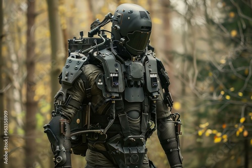Futuristic soldier wearing an exoskeleton is walking through a forest