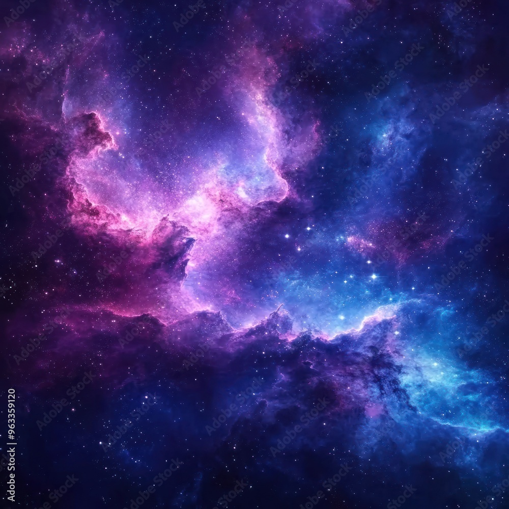 A cosmic nebula with swirling purple and blue gas clouds against a backdrop of stars. A cosmic nebula with swirling purple and blue gas clouds against a backdrop of stars.