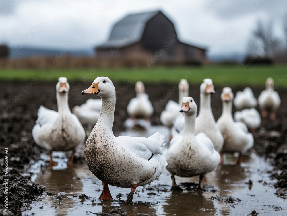 A group of ducks wading through muddy water in a rural setting, with a barn in the background under a cloudy sky. A group of ducks wading through muddy water in a rural setting, with a barn in the background under a cloudy sky.